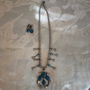 Vintage Faux Turquoise Squash Blossom Necklace & Earring Set